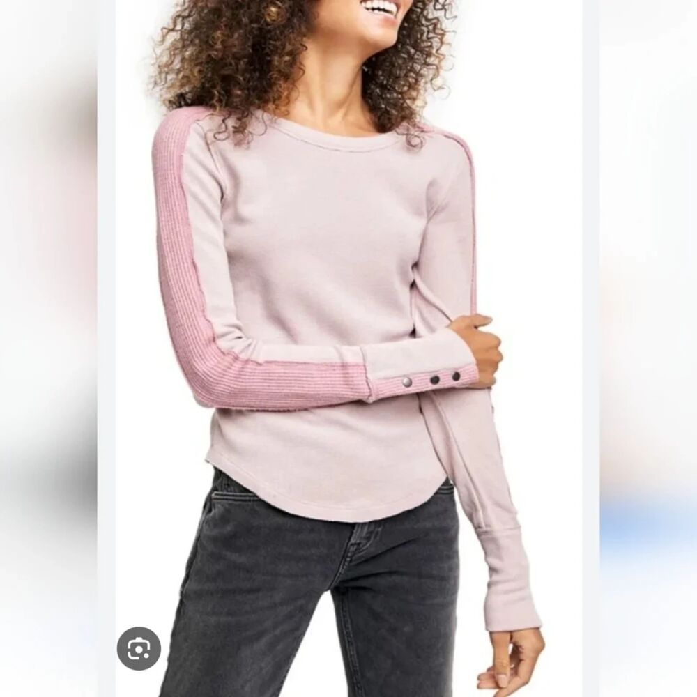 We the Free Free People Tasha Waffle Thermal Top Long Contrast Sleeves Small